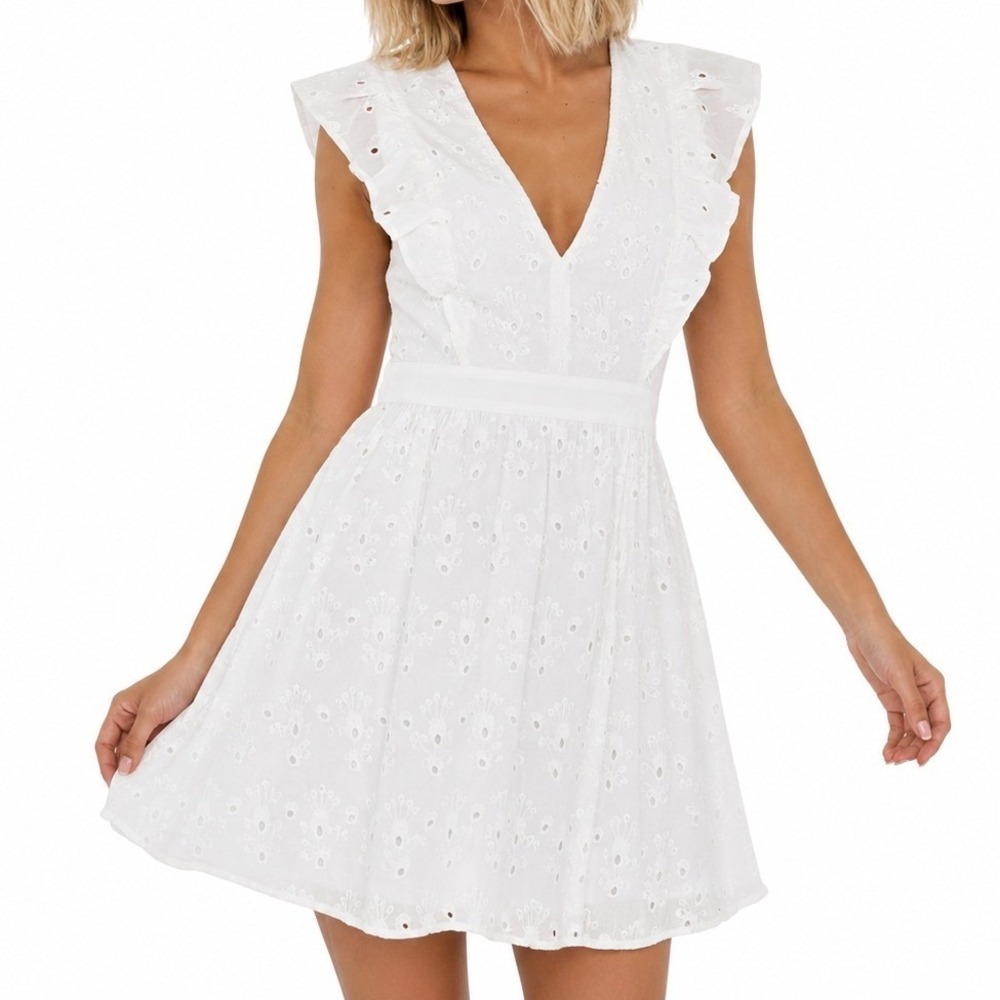 Lulus White Eyelet Fit & Flare Mini Dress‎ Flutter Sleeve Bridal Size S NWT
